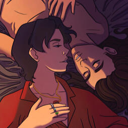 Romantic illustration of two men lying in bed, faces almost touching.